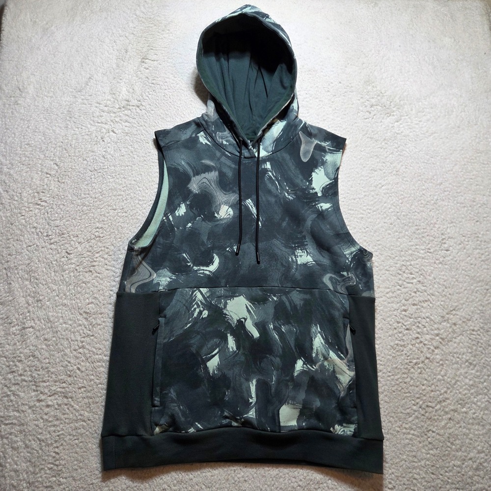 Fabletics Sleeveless Hoodie Mens Large Green Swirl French Terry Gym Activewear